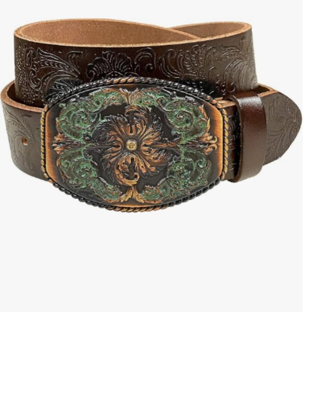 Western Fashion Style Floral Engraved Buckle Full Grain Genuine Leather Belt 1-1
